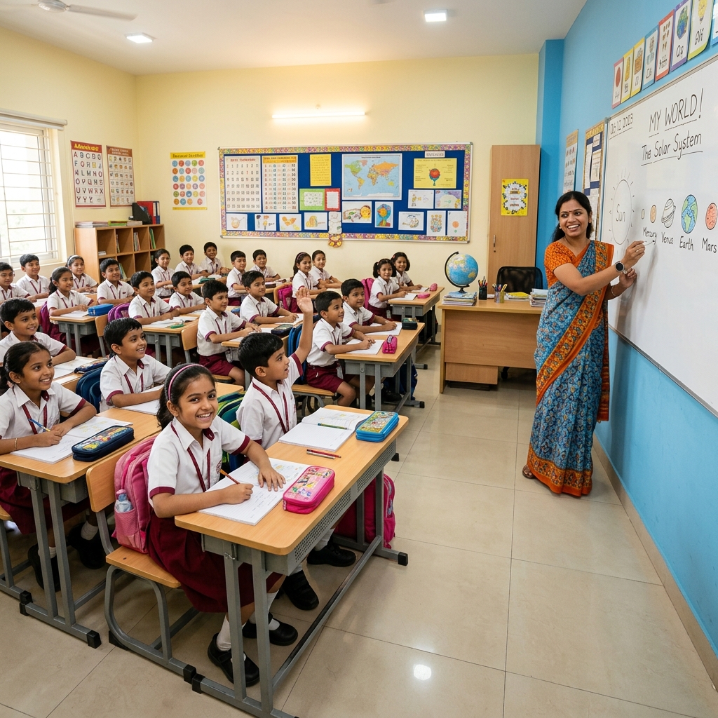 Students learning in a modern classroom at Sreenivasa Vidyanikethan